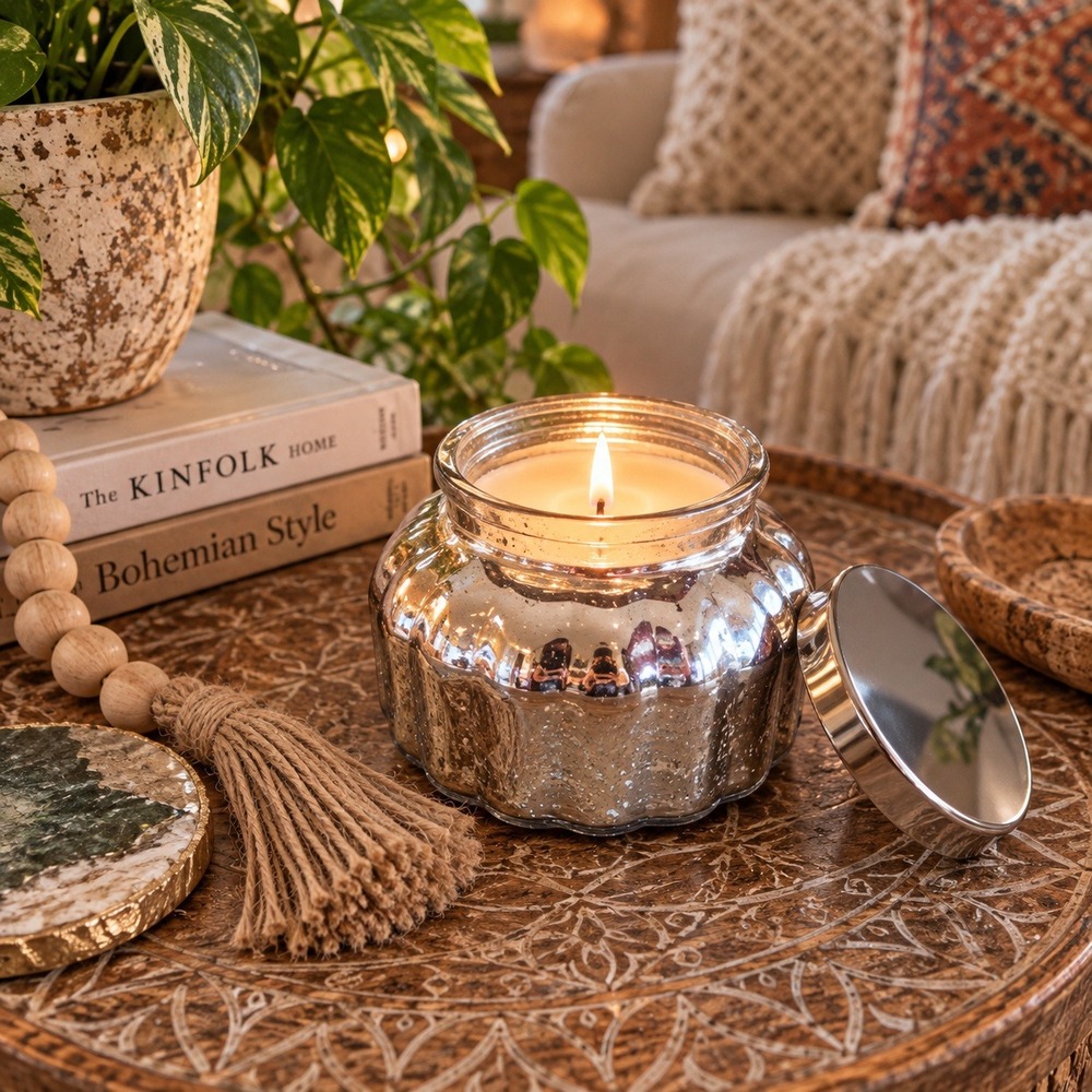 East West White Birch Scented Candle 16oz Silver Mercury Glass Scalloped Jar